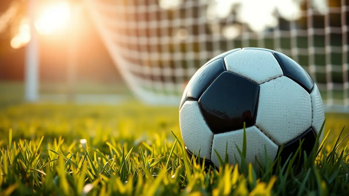 Generic image of a soccer ball on grass, with a blurred goal in the background.