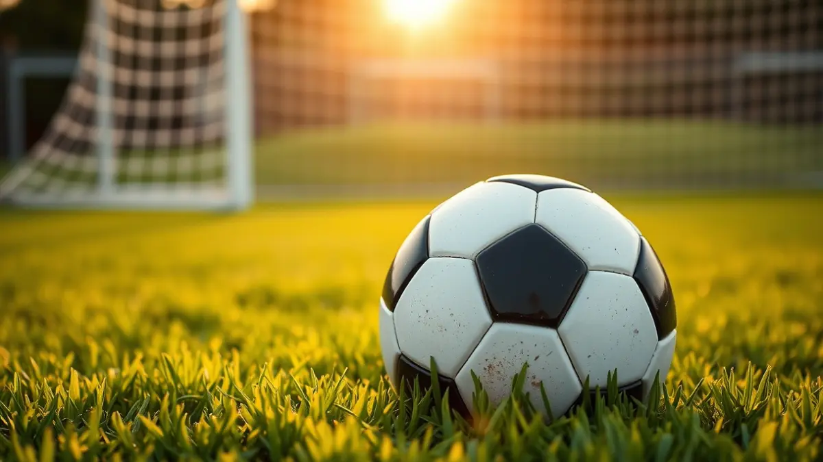 Generic image of a soccer ball on a green field, with a blurred goal in the background.