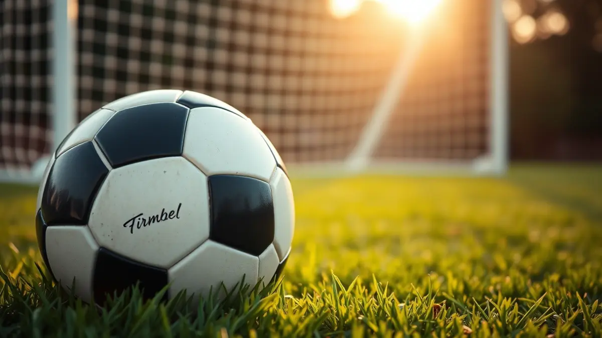 Generic image of a soccer ball on grass, with a blurred goal in the background.