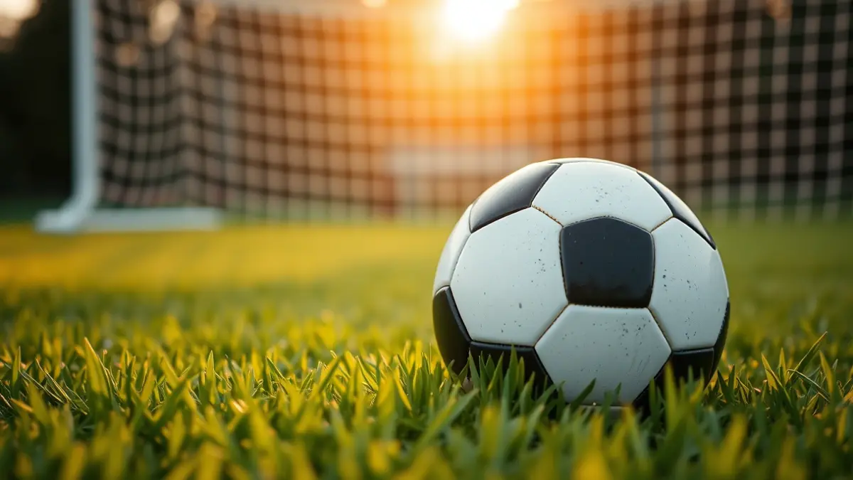 Generic image of a soccer ball on the grass, with a blurred goal in the background.