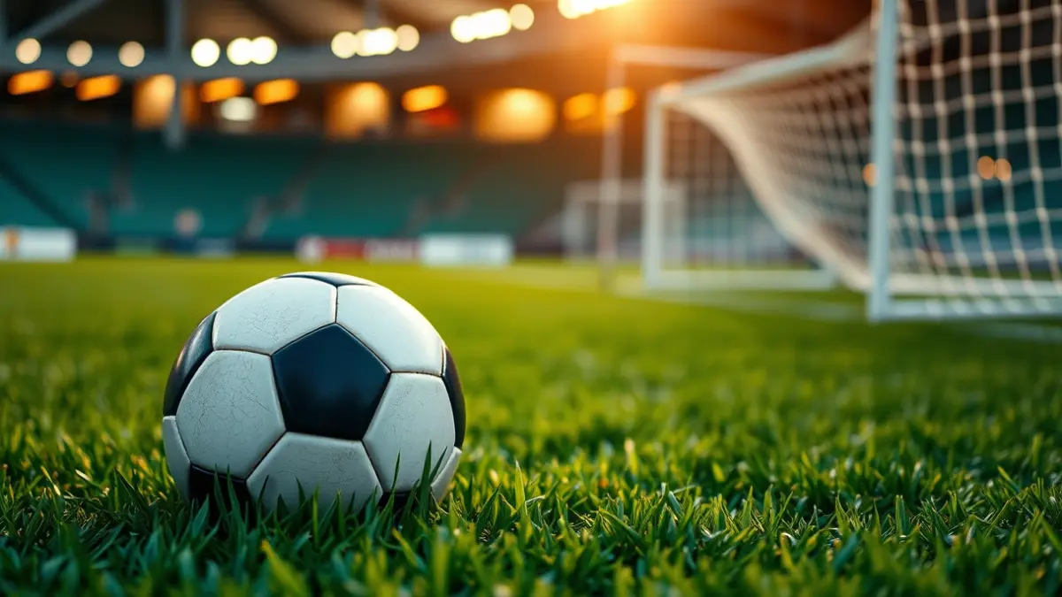Generic image of a soccer ball on a stadium pitch, with a blurred goal in the background.