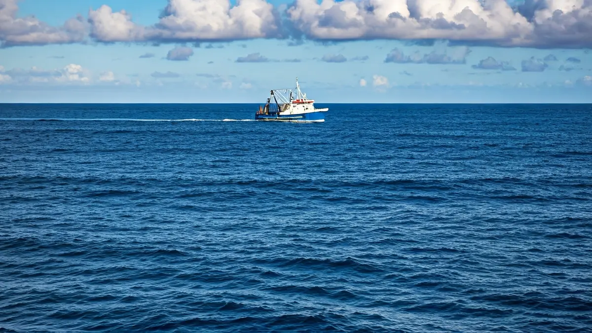 Imagen genérica de un barco pesquero en el mar, con un cielo dramático y olas, representando la pesca en aguas profundas.