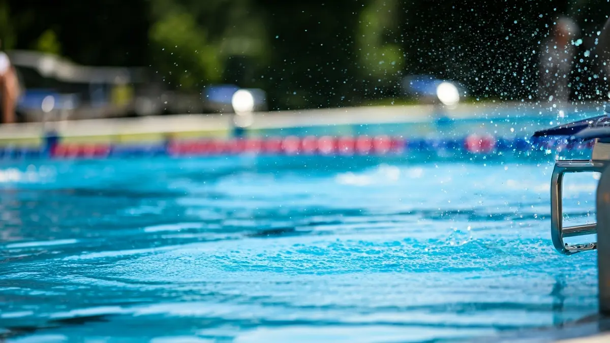 Imagen genérica de una piscina con carriles de natación, un poyete de salida y salpicaduras de agua.