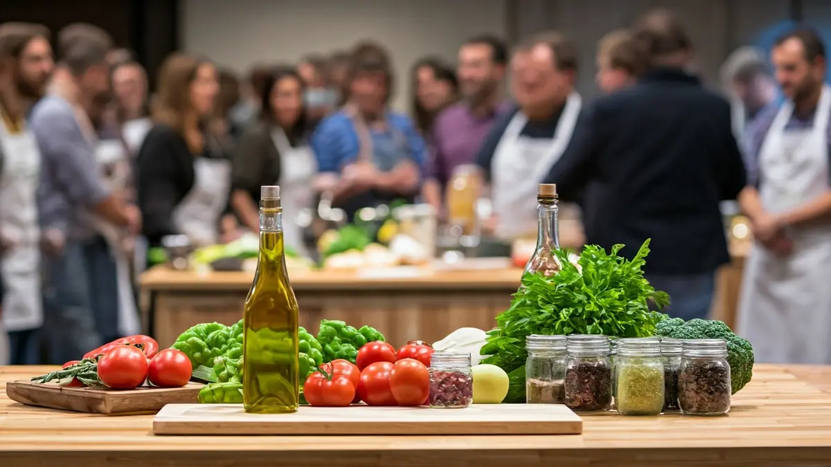 Image of a cooking competition with ingredients and utensils.