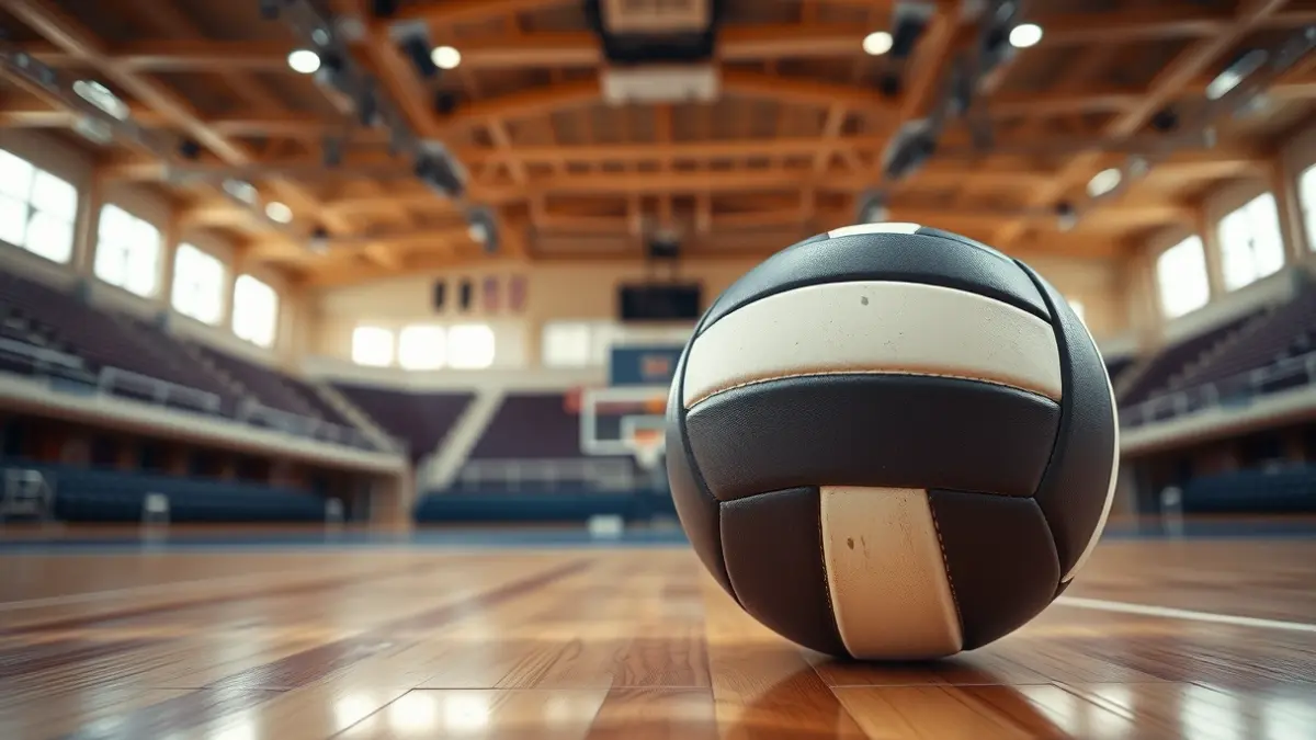 Generic image of a volleyball on a court, with blurred sports hall bleachers in the background.