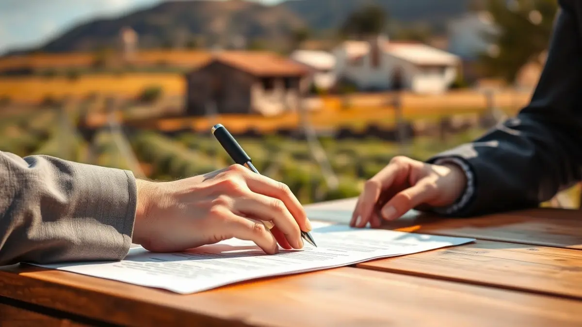 Imagen de manos firmando un documento, con un paisaje rural de Gran Canaria de fondo.
