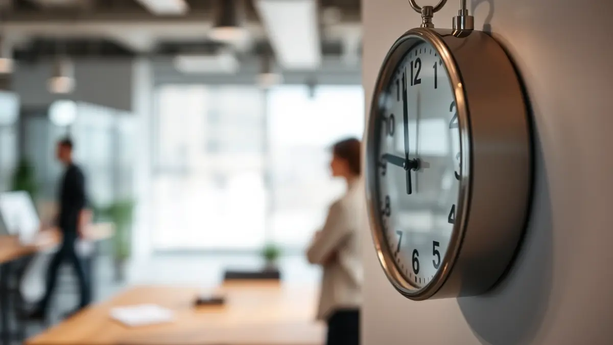 Generic image of a clock in an office, symbolizing work break time.