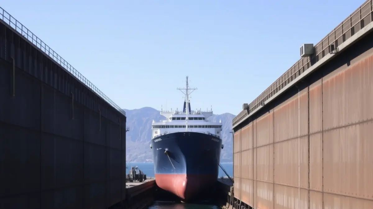 Floating dry dock in Tenerife port with a ship under repair.