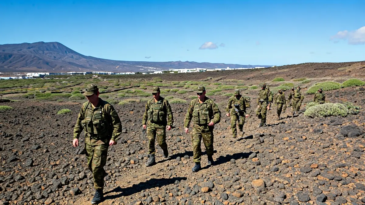 Military personnel patrolling in an arid Canary Islands landscape.