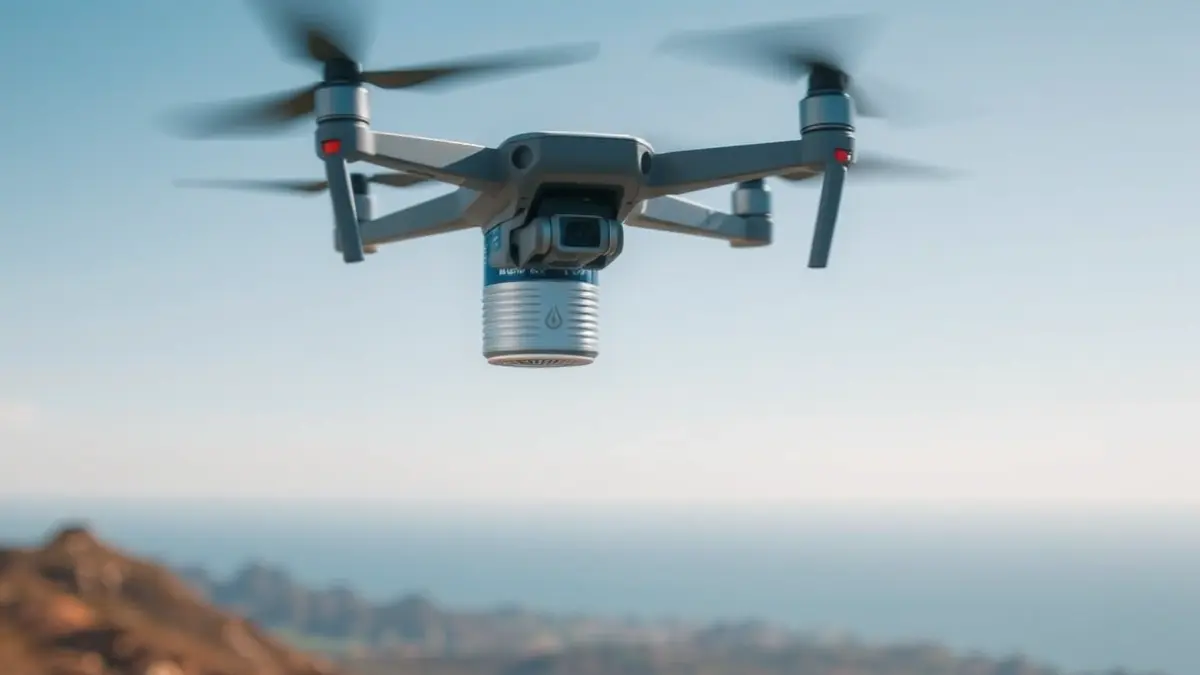 Imagen de un pequeño satélite siendo lanzado desde un dron en un cielo azul sobre un paisaje canario.