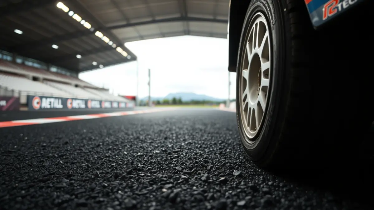 Imagen de un neumático de coche de rally en una pista temporal dentro de un estadio.