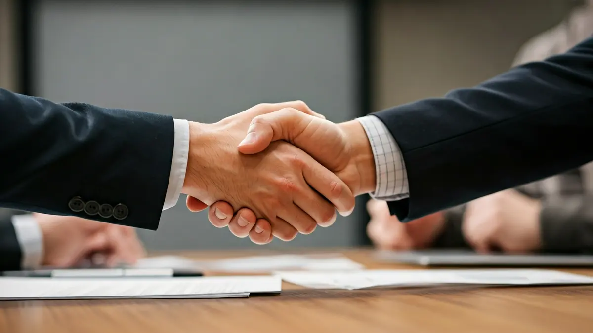 Imagen genérica de dos manos estrechándose sobre un escritorio, simbolizando un acuerdo o negociación.