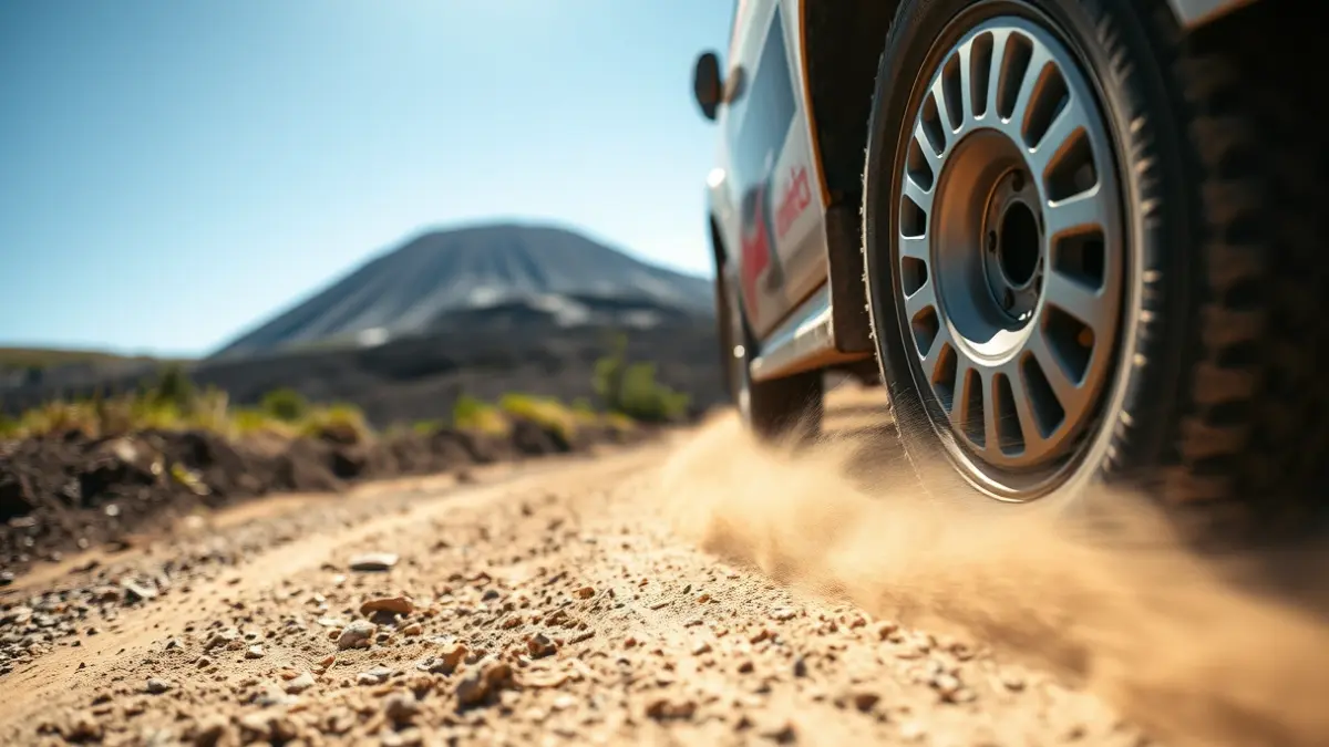 Imagen de un coche de rally en acción en un circuito de tierra.