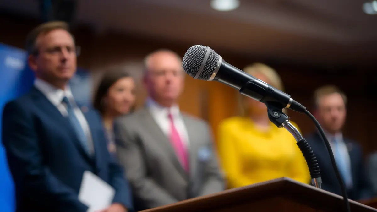 Imagen genérica de un micrófono en un podio durante una conferencia de prensa.