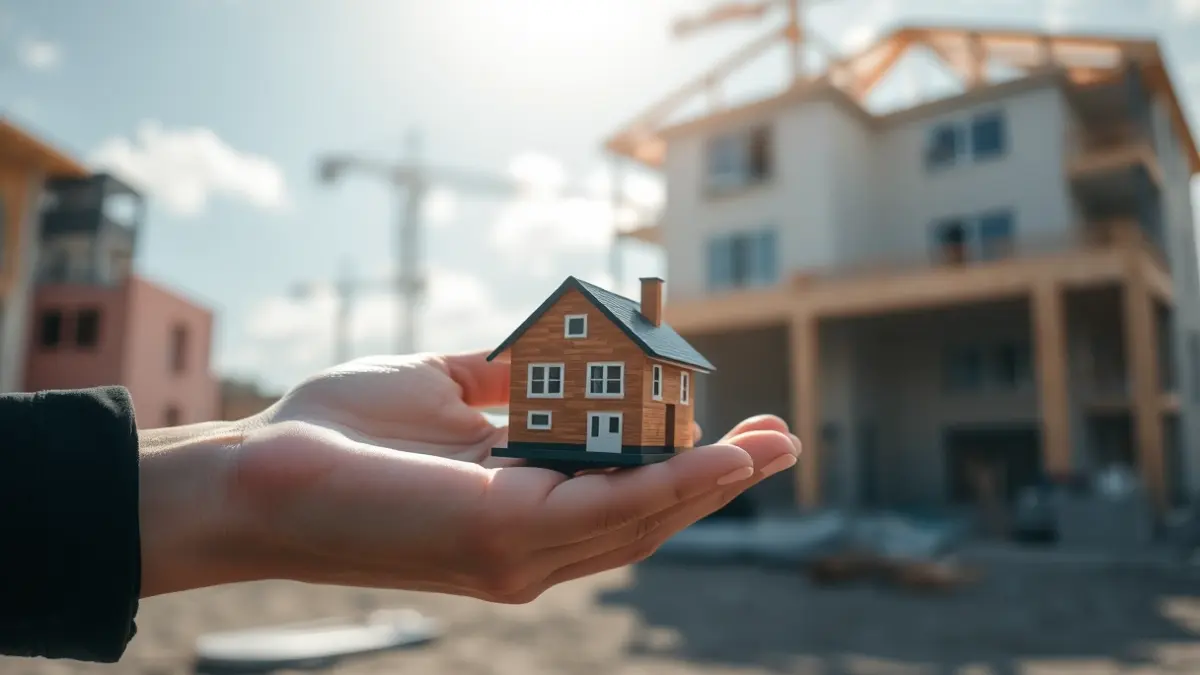 Generic image of a hand holding a miniature house, with a blurred construction site in the background.
