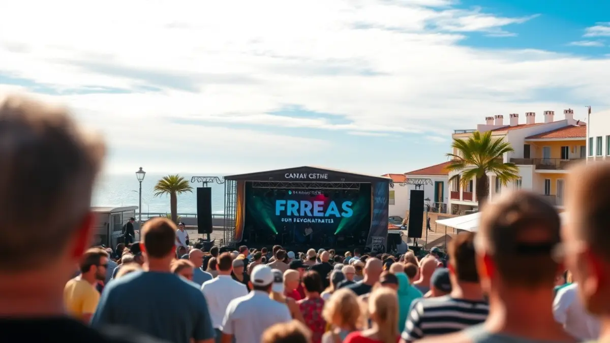 Imagen del Festival Candela en Puerto Naos, con gente disfrutando de la música en un entorno costero.