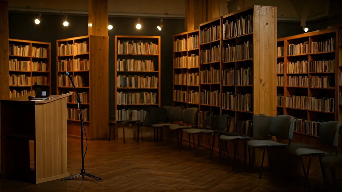 Imagen genérica de un interior de biblioteca o sala de presentaciones con un micrófono y sillas vacías.