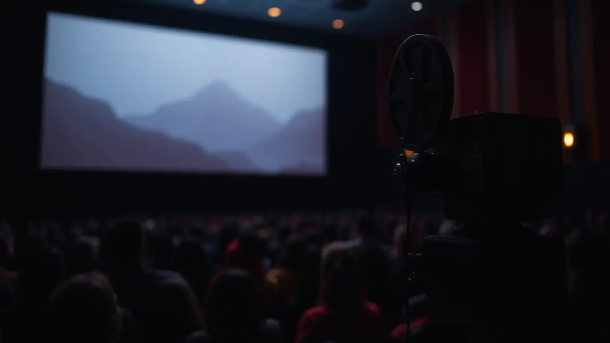 Generic image of an old film projector illuminating a screen in a dark auditorium.