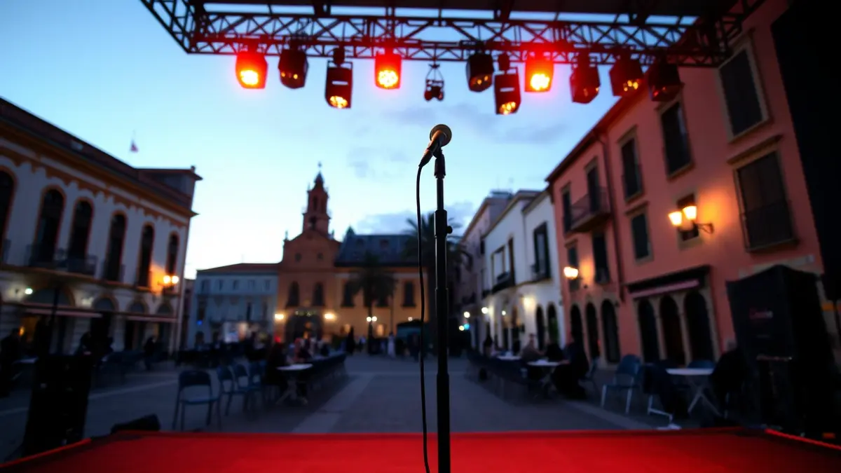 Imagen de un escenario de concierto al aire libre en una plaza de un pueblo canario al atardecer.