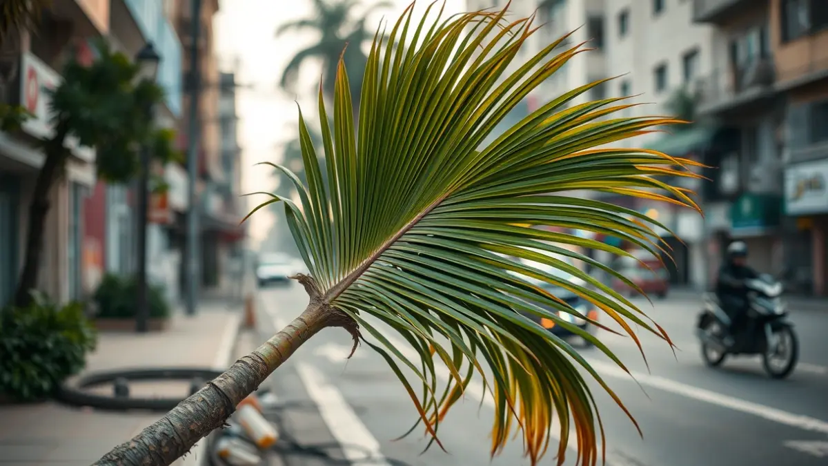 Image of a fallen palm tree on an urban street with damaged wires.