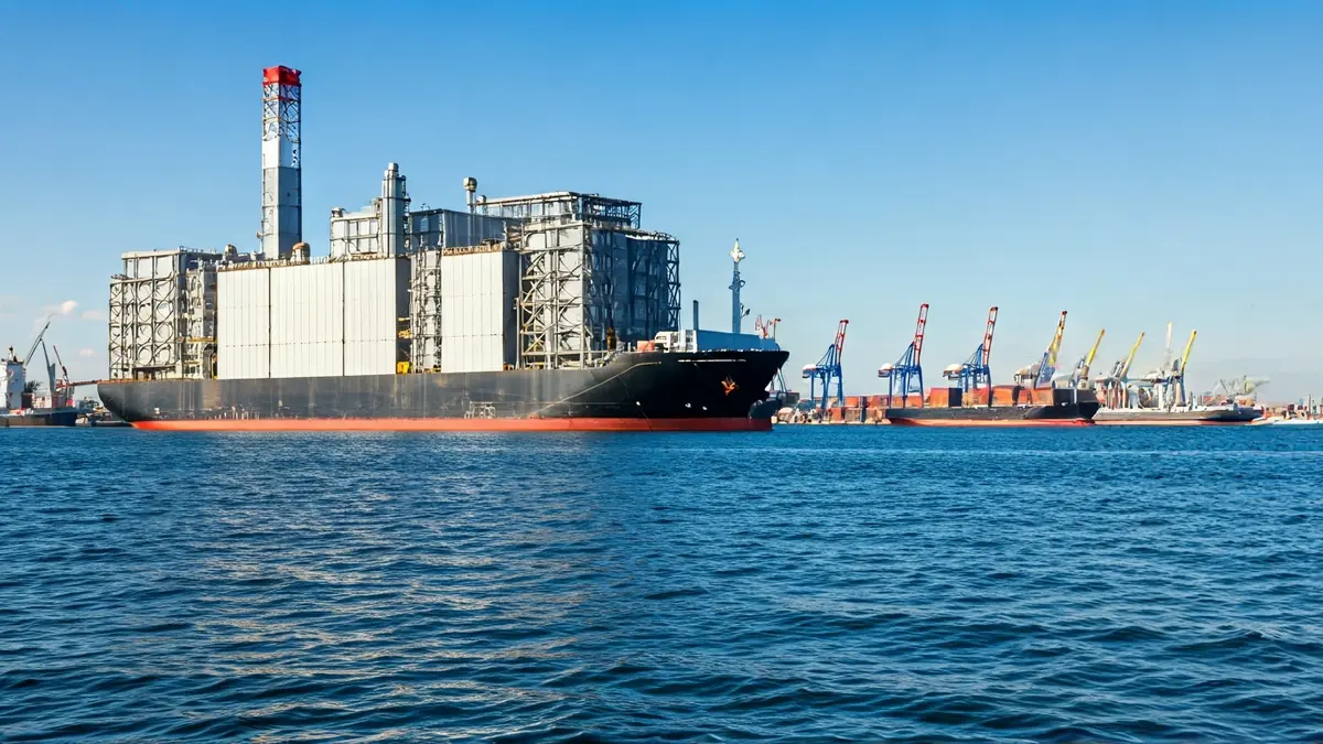 Imagen de una central eléctrica flotante en un puerto.
