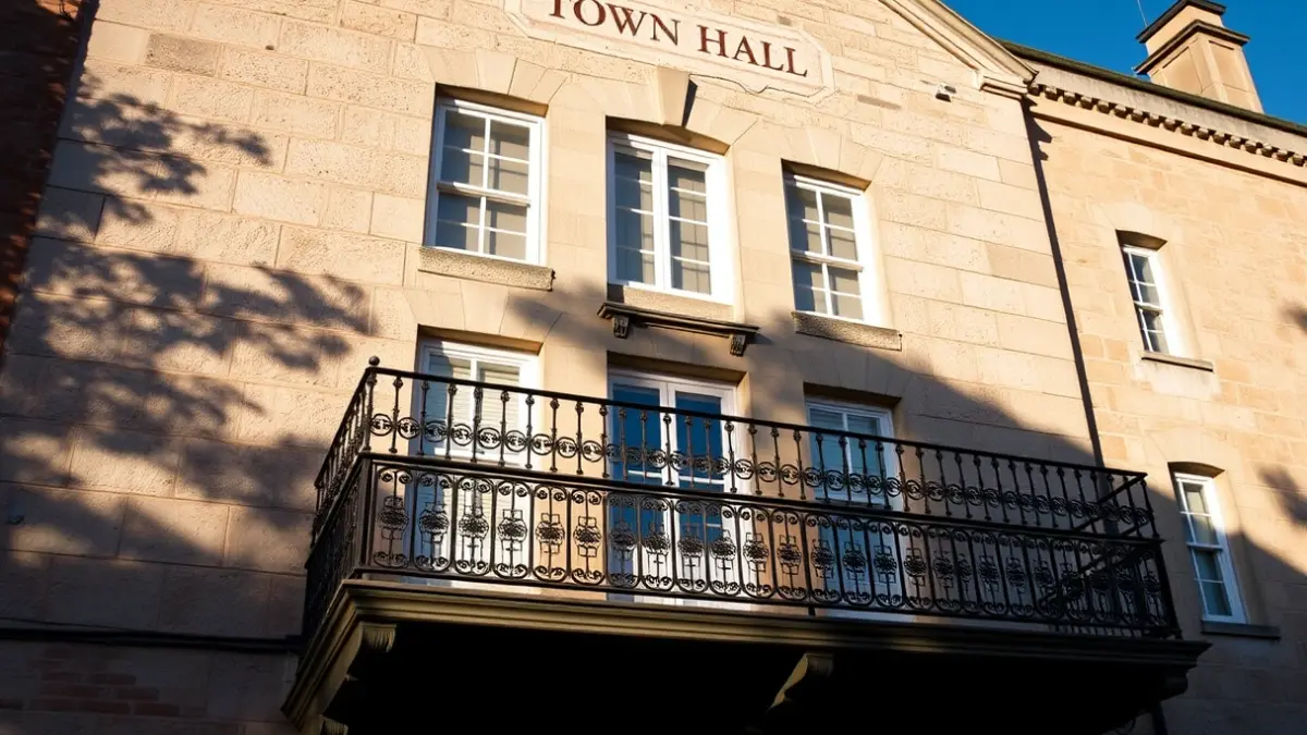 Stone town hall facade with balcony and iron railings, under warm afternoon sunlight.