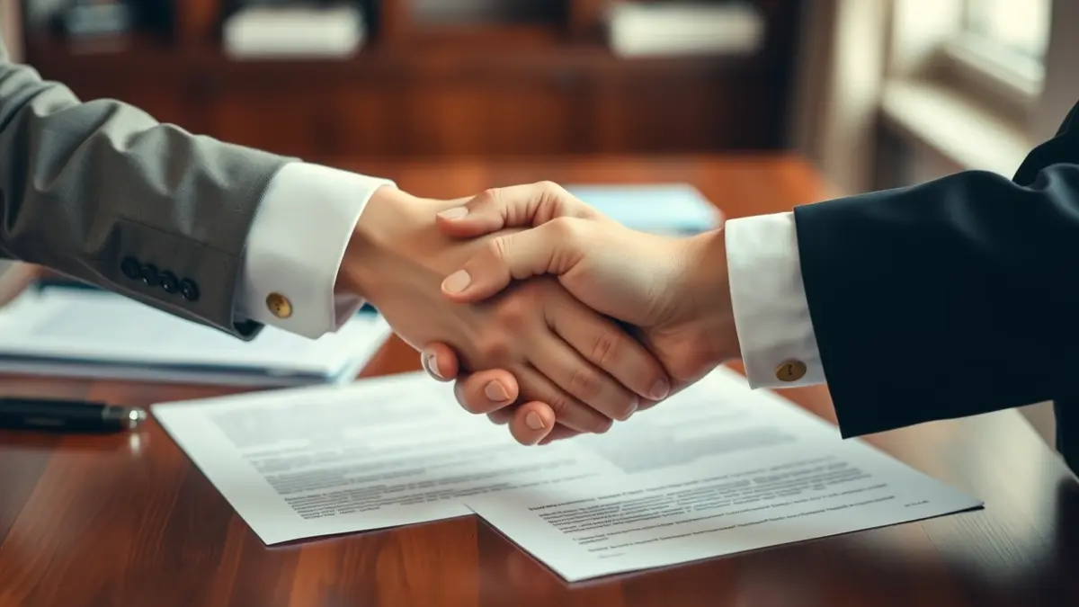 Imagen genérica de dos personas estrechándose las manos en un entorno de oficina, simbolizando un acuerdo o negociación política.