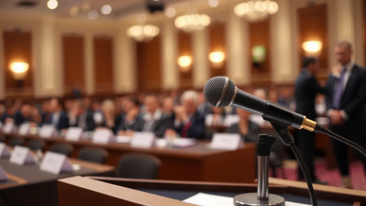 Imagen genérica de un micrófono en un podio durante un foro político.