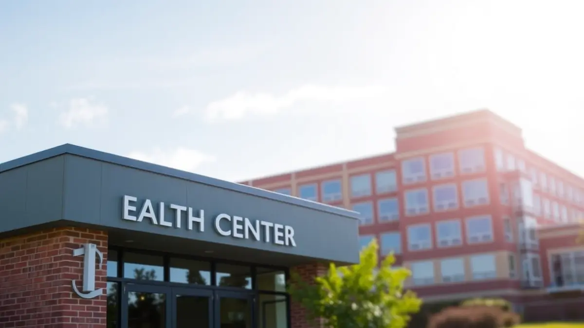 Image of a health center and a school, symbolizing investment in public infrastructure.