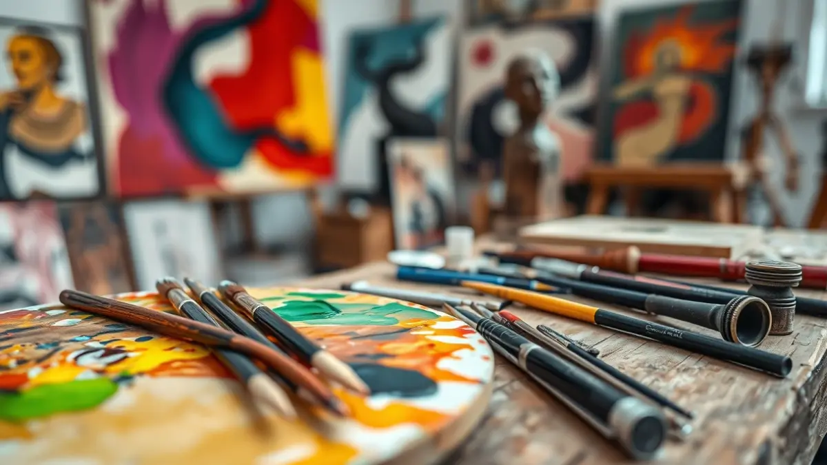 Generic image of contemporary art tools, such as a painter's palette and sculpting tools.