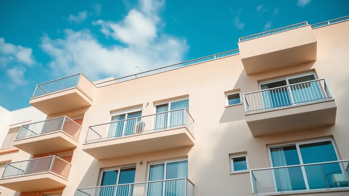 Imagen genérica de un edificio de apartamentos moderno en un entorno urbano soleado.