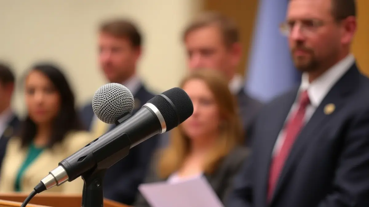 Generic image of a microphone on a podium during a press conference.