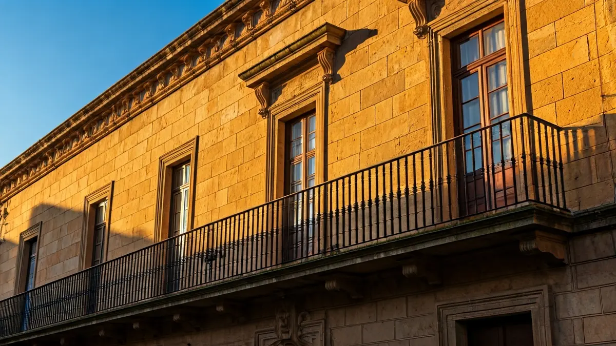 Facade of a traditional town hall with a balcony and iron railings, under the afternoon sunlight.