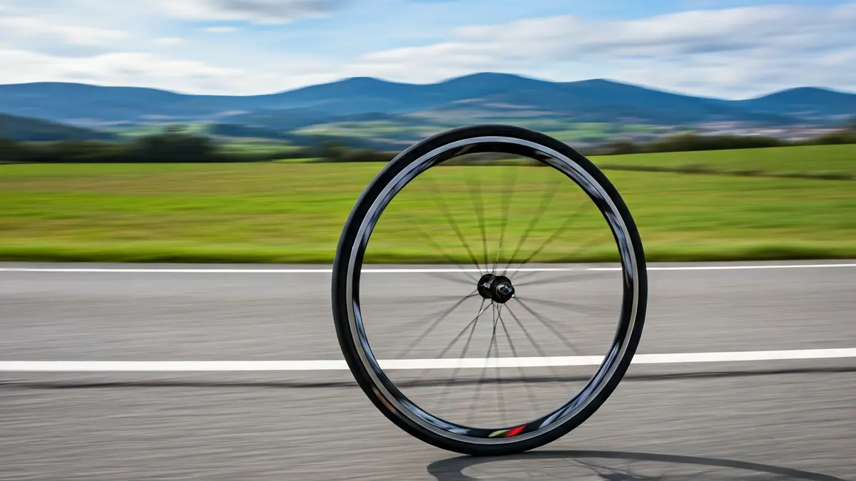 Image of a road bicycle wheel in motion, with a Galician landscape in the background.
