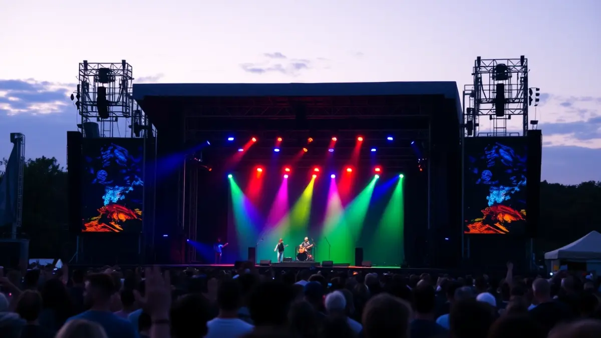 Outdoor music festival stage with colorful lights and a blurred crowd.