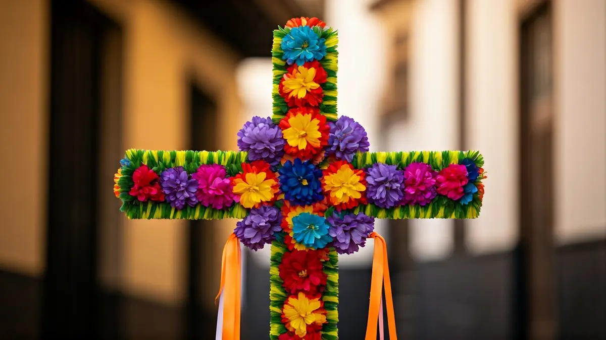 Imagen de una cruz decorada con flores y cintas durante la Fiesta de las Cruces y los Mayos en La Palma.