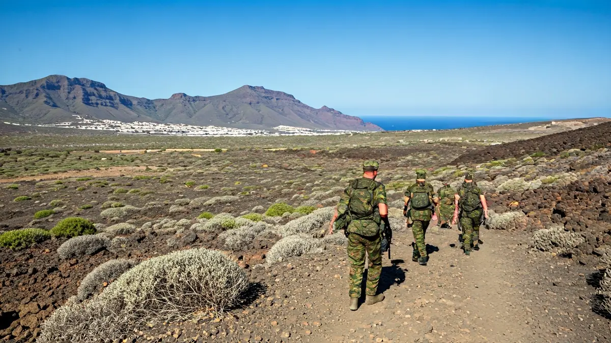 Military personnel patrolling a volcanic landscape in the Canary Islands.