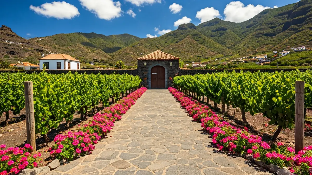 Entrada de un guachinche tradicional en La Orotava, Tenerife, rodeado de viñedos y flores.