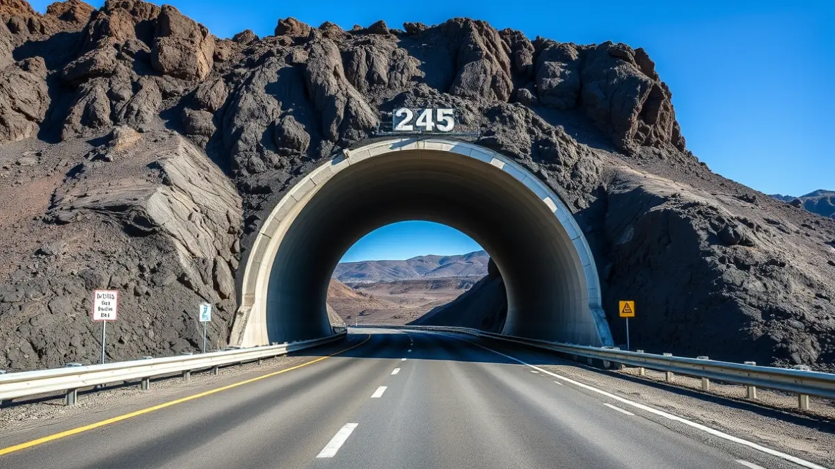 Entrance to a modern tunnel in a volcanic landscape, with clear signage and safety features.