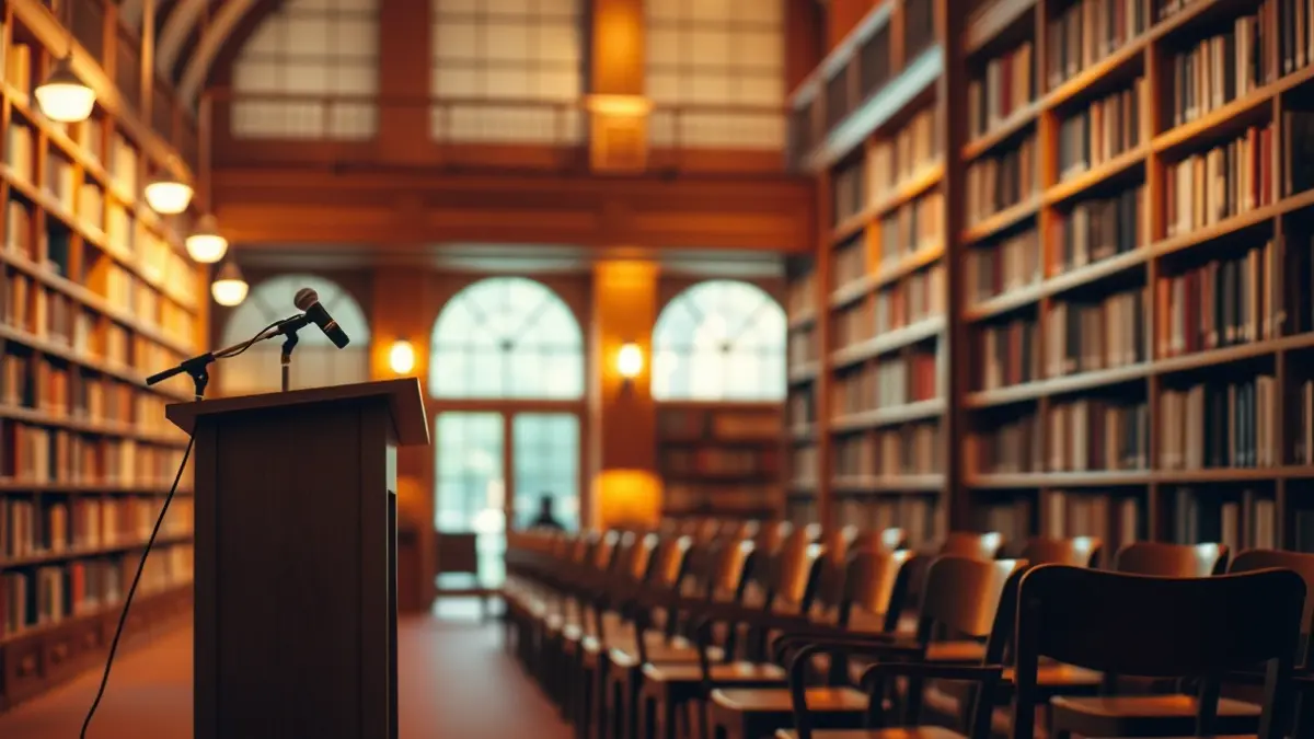 Imagen genérica de un interior de biblioteca con un podio y sillas, iluminado cálidamente.