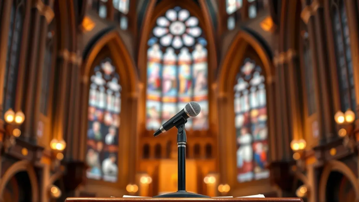 Image of a microphone on a podium inside a cathedral, symbolizing the presentation of a hymn.
