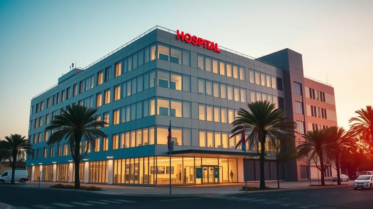 Fachada de un hospital moderno al atardecer.