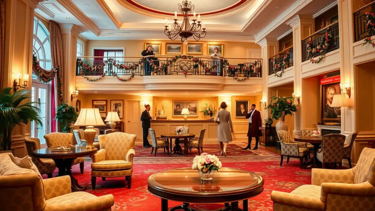 Imagen de un hotel elegante ambientado en los años 50, con mobiliario clásico y personas vestidas de época.