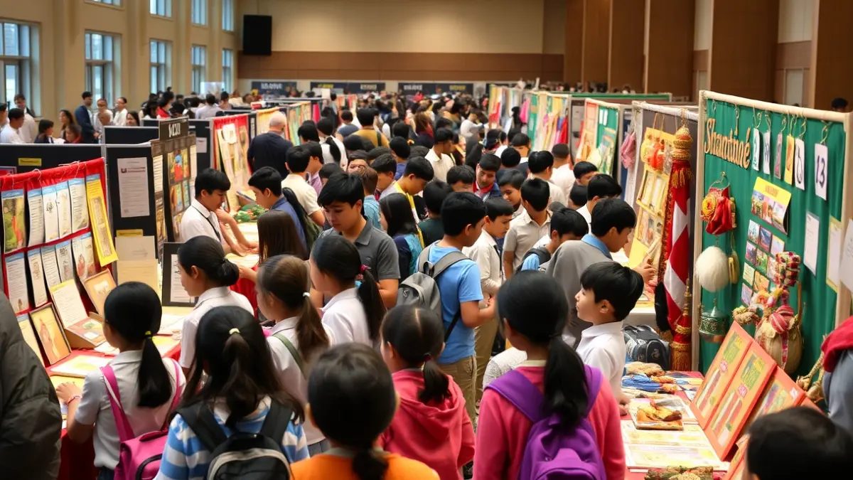 Generic image of a career fair at a high school, with students and exhibitors interacting.