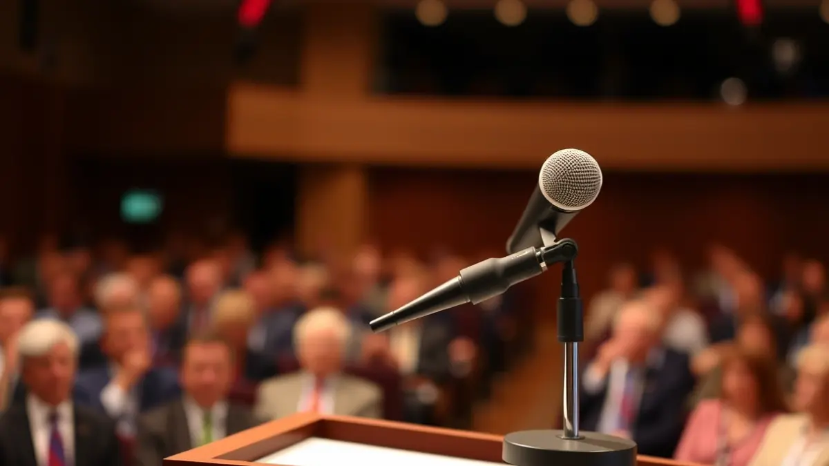 Imagen genérica de un micrófono en un podio durante un evento de debate.