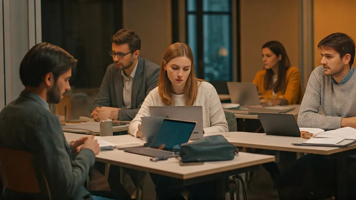 Generic image of adult students in a modern classroom, participating in semi-presential training.