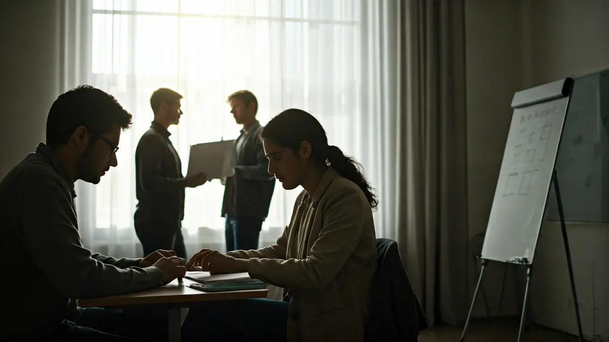 Generic image of a modern classroom with adult students in a semi-presential learning environment.