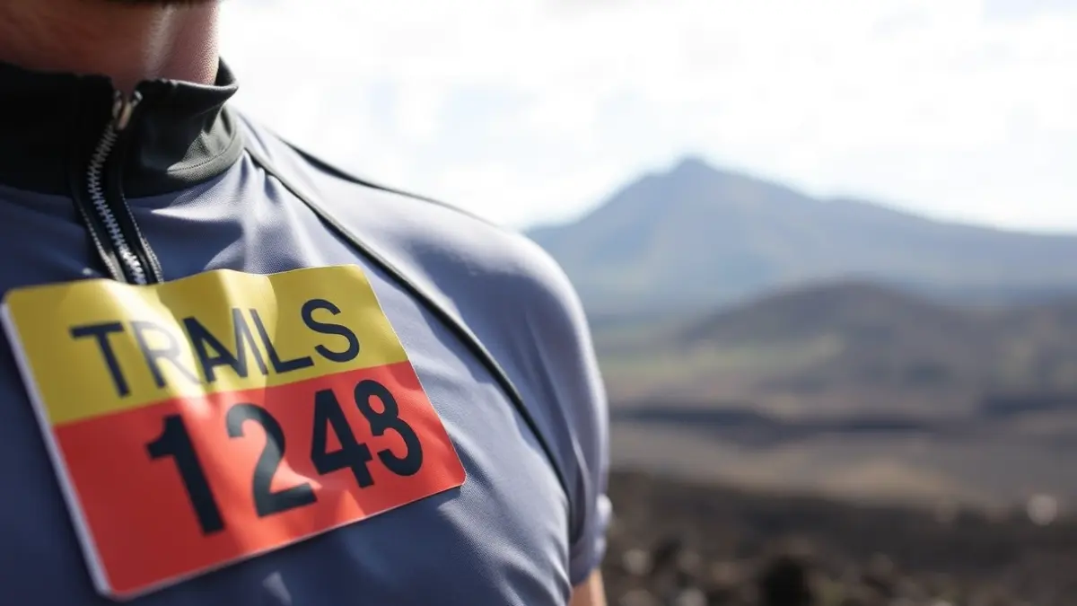 Image of a triathlon race bib with Lanzarote's volcanic landscape in the background.