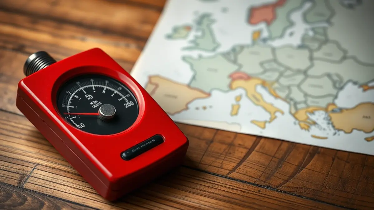 Contador Geiger marcando altos niveles de radiación, con un mapa de Europa de fondo.