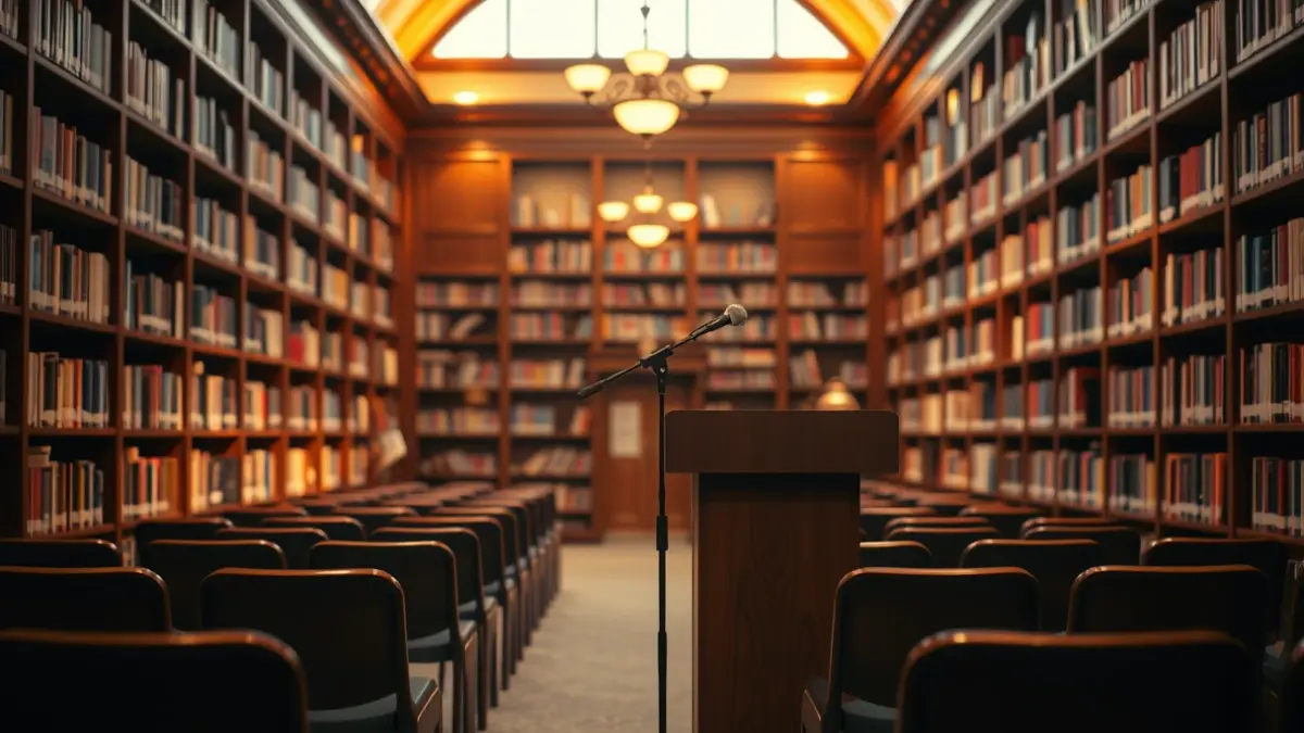 Imagen genérica de una biblioteca con un podio y sillas, evocando un ambiente de lectura y presentación.